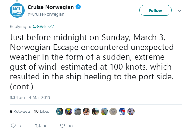 Cruise ship heels over due to wind gust