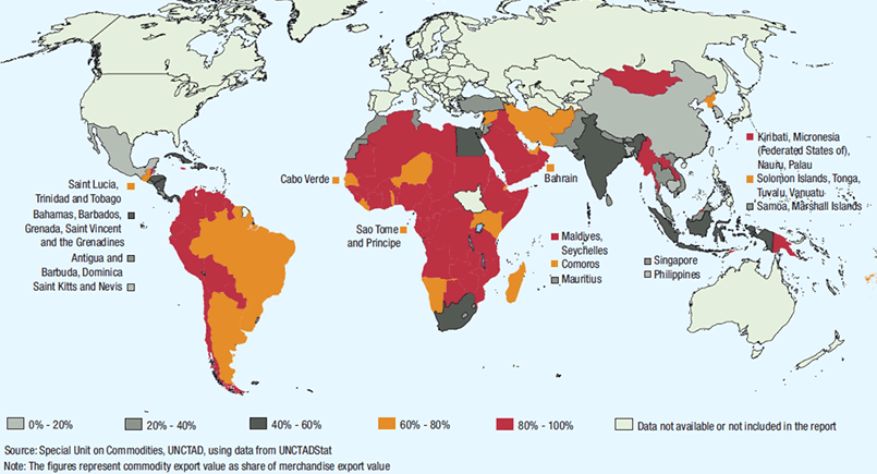 نقشه جهان و میزان وابستگی به فروش کامودیتی ها