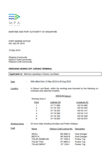 MPA Singapore issues marine notice dredging ops in Damar Laut Basin