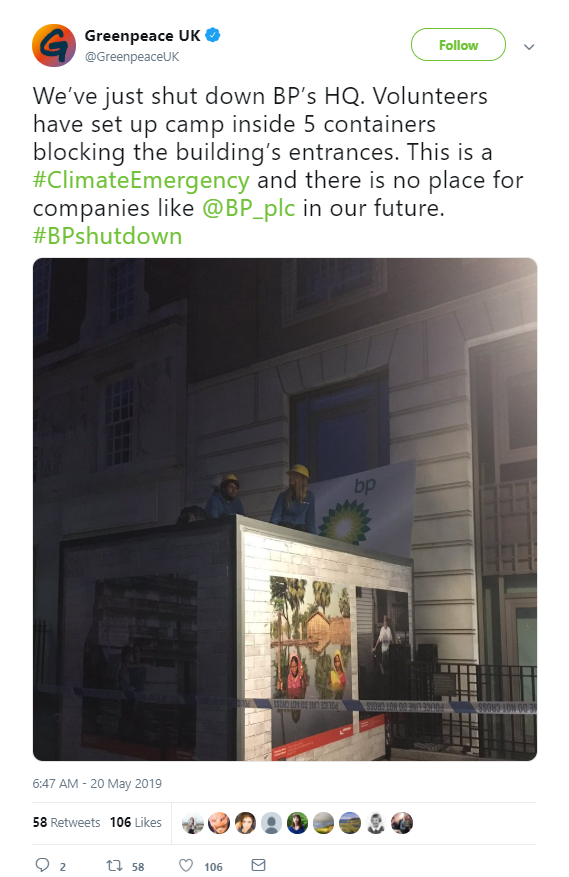 Greenpeace shuts down entrances of BP London offices