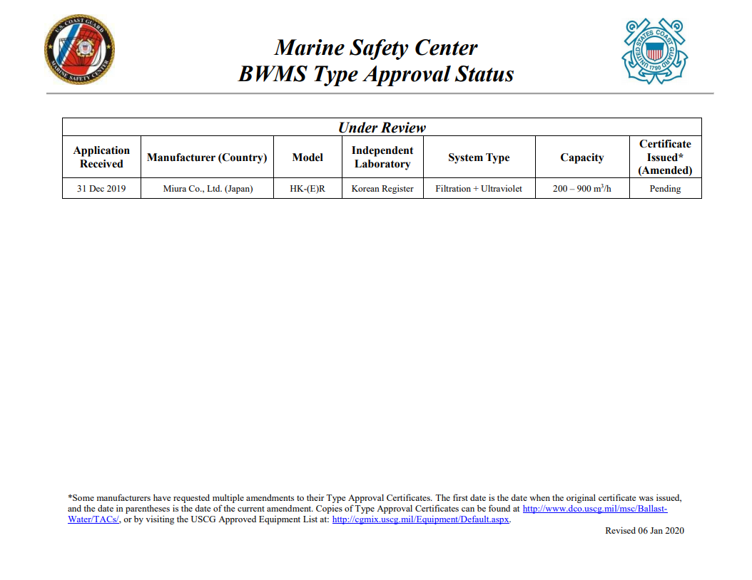 USCG receives two new applications for BWMS type approval