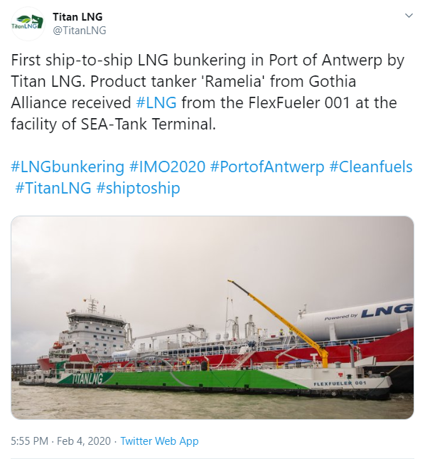 First STS LNG bunkering in the Port of Antwerp