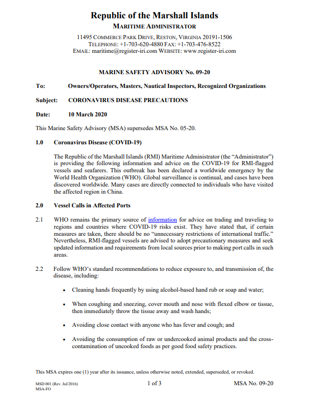 Inspections during COVID-19 pandemic for RMI-flagged vessels