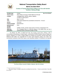 NTSB investigation: Contact of towing vessel with bridge in high current conditions