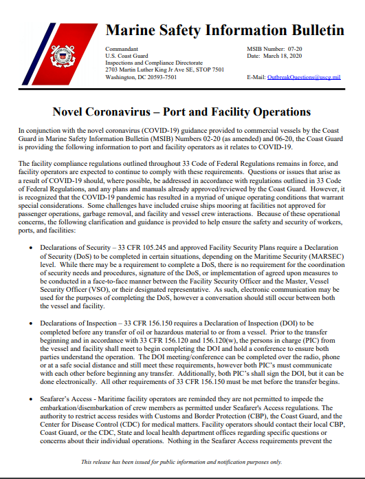 USCG issues PSC Guidance on COVID-19