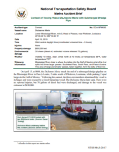 NTSB investigation: Towing vessel contacts submerged dredge pipe