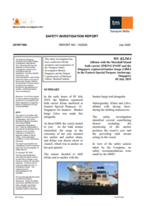 Transport Malta investigation: Monitoring of anchor position linked to allision of bulk carrier with two other vessels