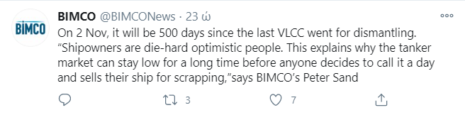 500 days since last VLCC demolition sale, BIMCO says