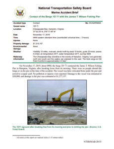 NTSB investigation: Contact of barge with pier linked to weld failure in mooring arrangement