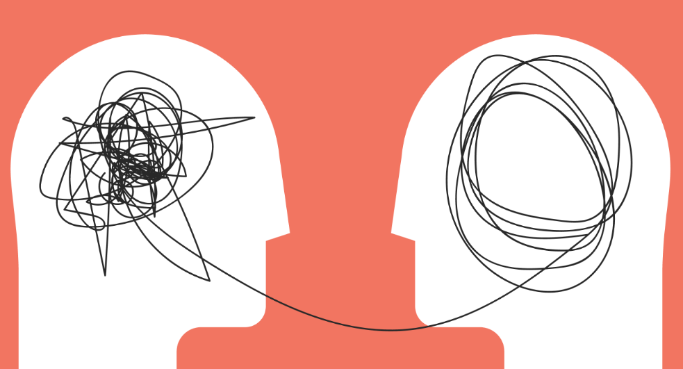 Two heads with scribbles representing thoughts are connected by a string. The head on the right has fewer scribbles representing a clear mind, while the head on the left has many scribbles representing a more chaotic mind.