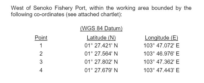 MPA Singapore: Revisions for mariners operating in the vicinity of Senoko Fishery Port