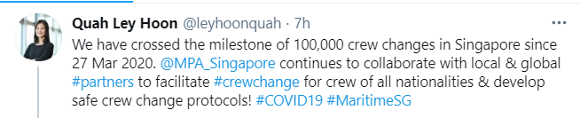 MPA Singapore carried out 100.000 crew changes amid COVID-19