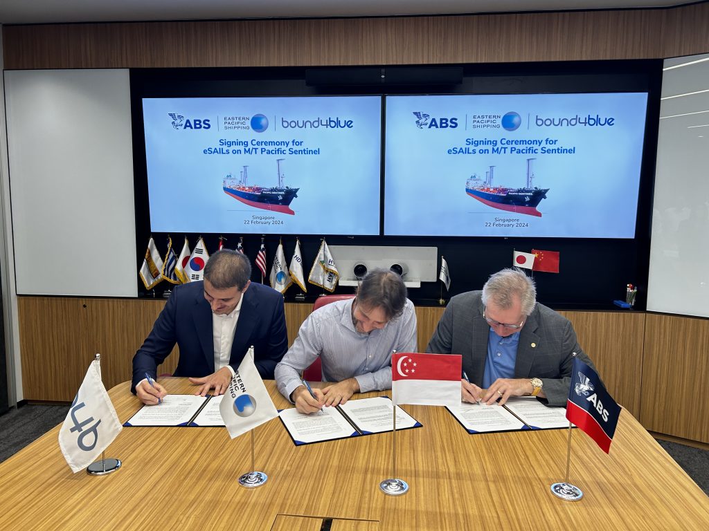 Jose Miguel Bermudez (Managing Director of bound4blue), Cyril Ducau (Chief Executive Officer of EPS), Christopher J. Wiernicki (Chairman and Chief Executive Officer of ABS) sign for wind propulsion system onboard EPS vessel