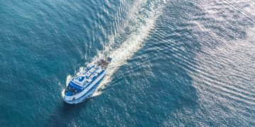 Ferry,Boat,On,Sea,Aerial,View