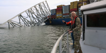 Chief of Engineers Lt. Gen. Scott Spellmon views damage of the fallen Francis Scott Key Bridge that collapsed in Baltimore